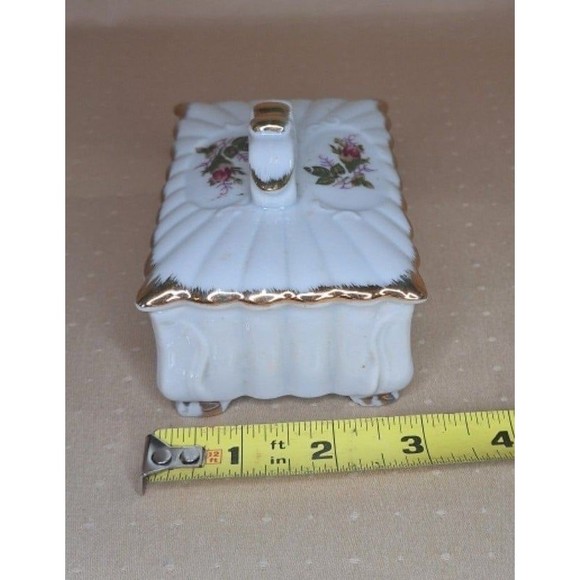 Rose Lidded Trinket Dish Vintage Porcelain 4" x 3" Gold Trimmed - Picture 4 of 6